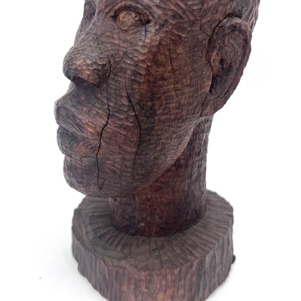Antique Folk Art African American Man Solid Heavy Carved Wood Head Statue - Picture 4 of 10